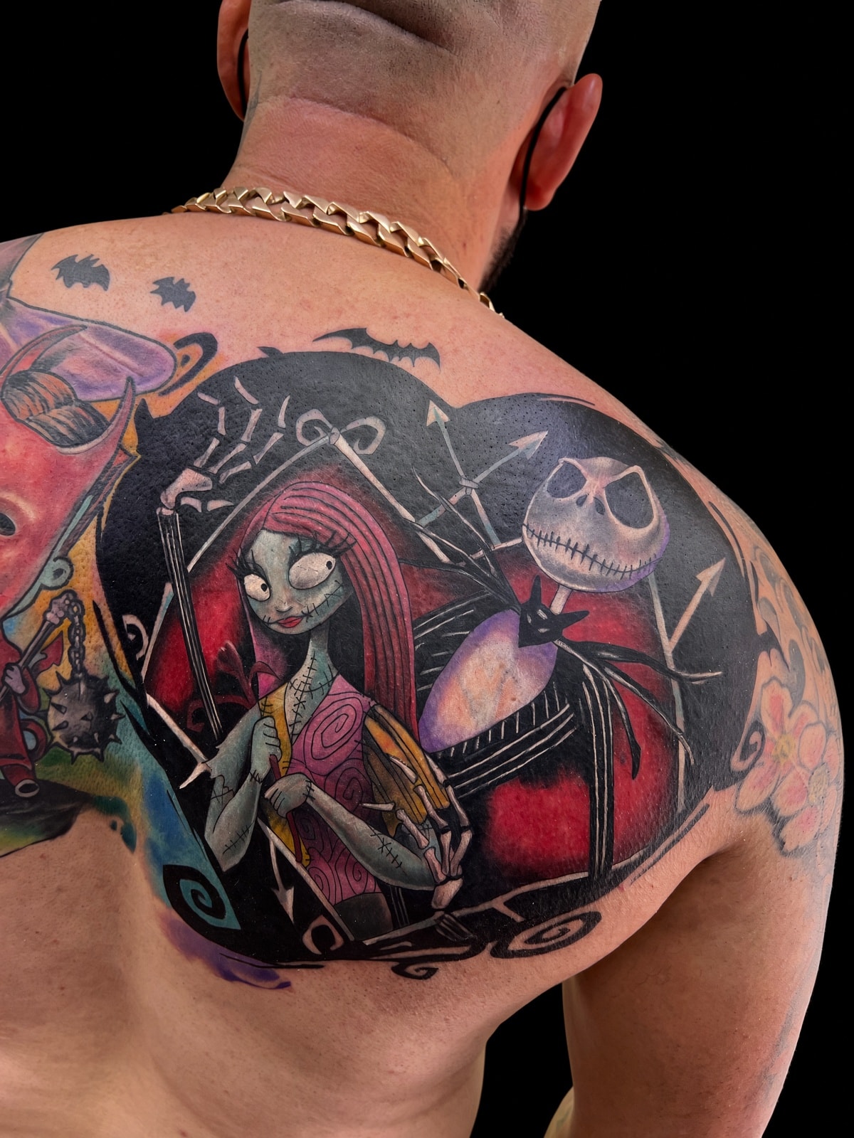 Tatuaje de fantasía de Jack y Sally de Pesadilla antes de Navidad en la espalda