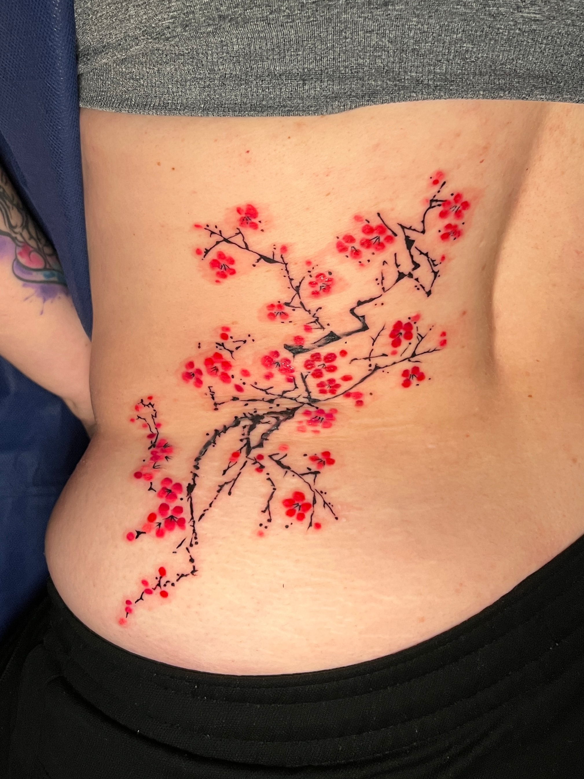 Tatuaje estilo libre de rama de cerezo con flores rojas en el torso