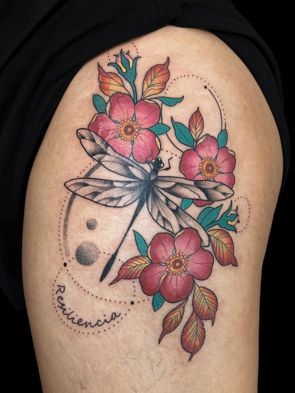 Tatuaje ornamental de libélula y flores en muslo
