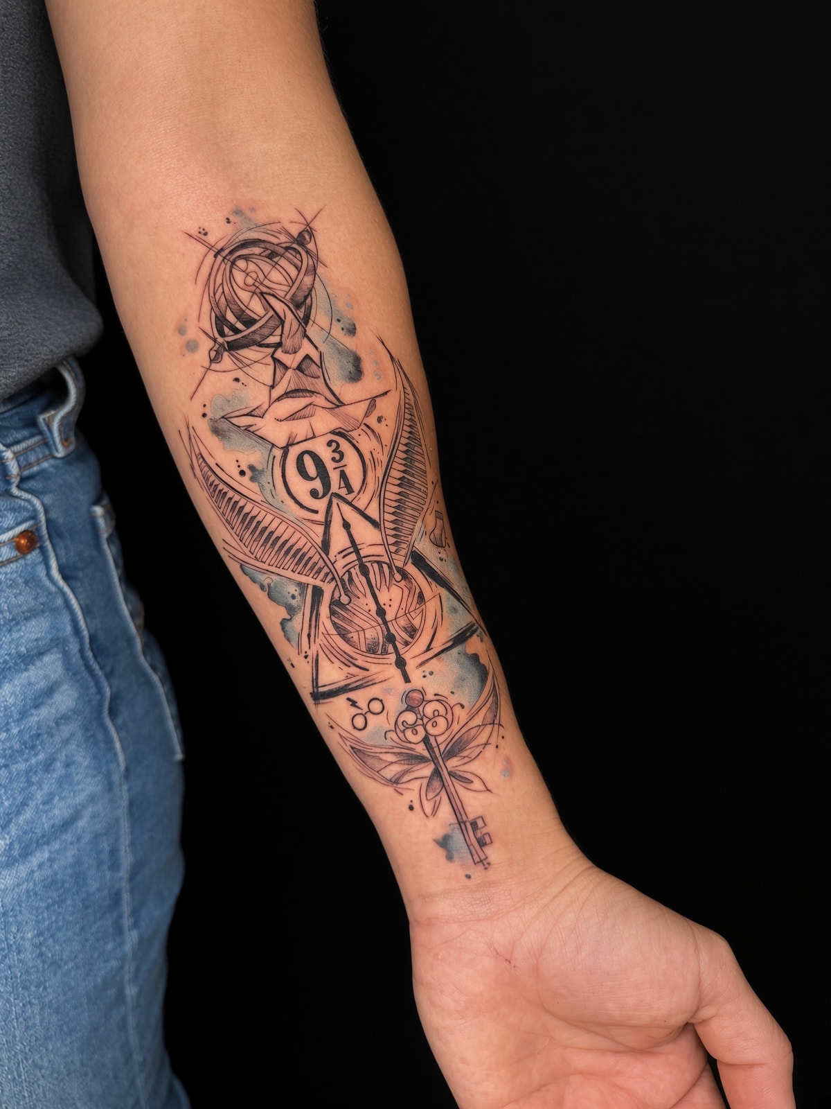 Tatuaje acuarela de reloj y llave en antebrazo