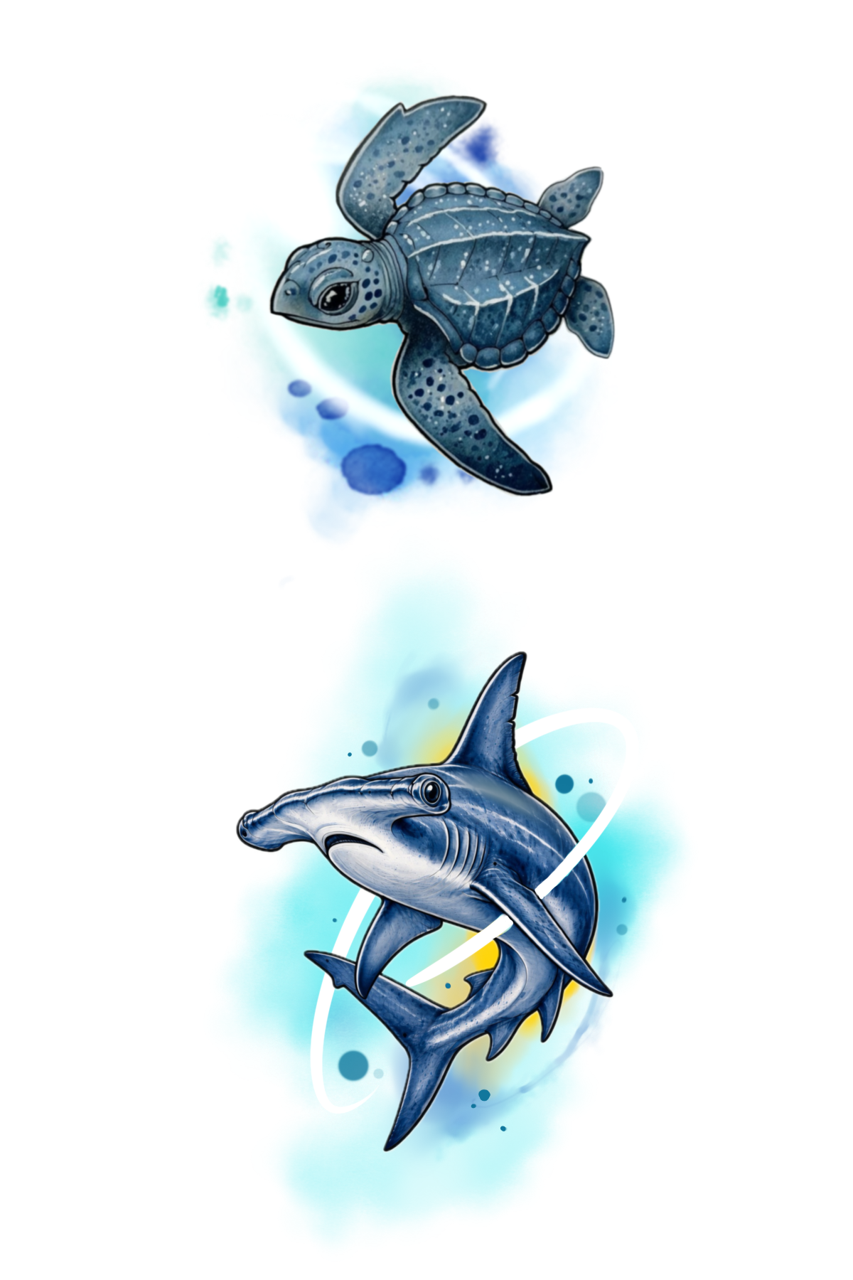Flash tattoo tortuga marina y tiburón martillo — JP Tattoo Company Costa Rica